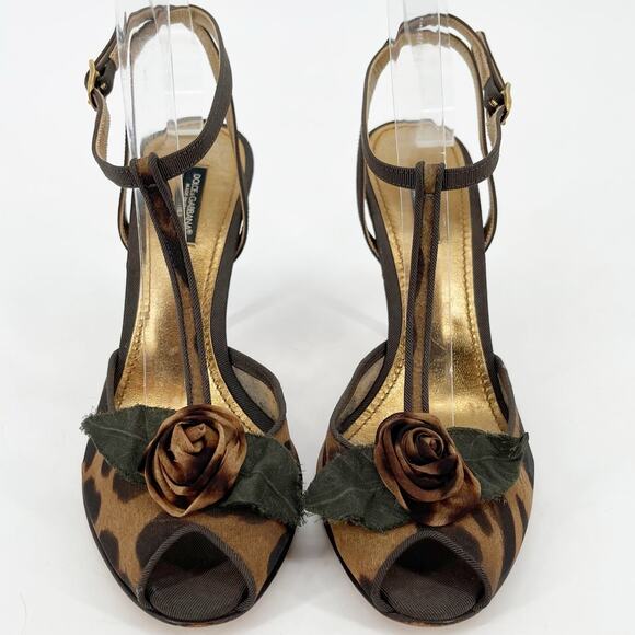 Dolce & Gabbana Leopard Print Floral T-Strap Peep Toe Heeled Sandals IT 37.5 - Picture 5 of 11